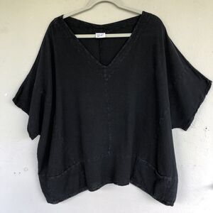 Oh My Gauze! Top Womens OS Black Cotton V-Neck Oversized Artsy Lagenlook 2/3